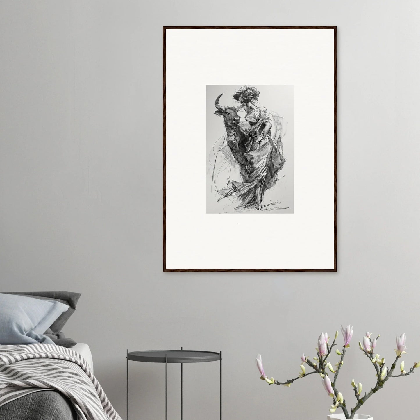 Framed black and white sketch of a dynamic figure in Ebullient Abstract Liaisons