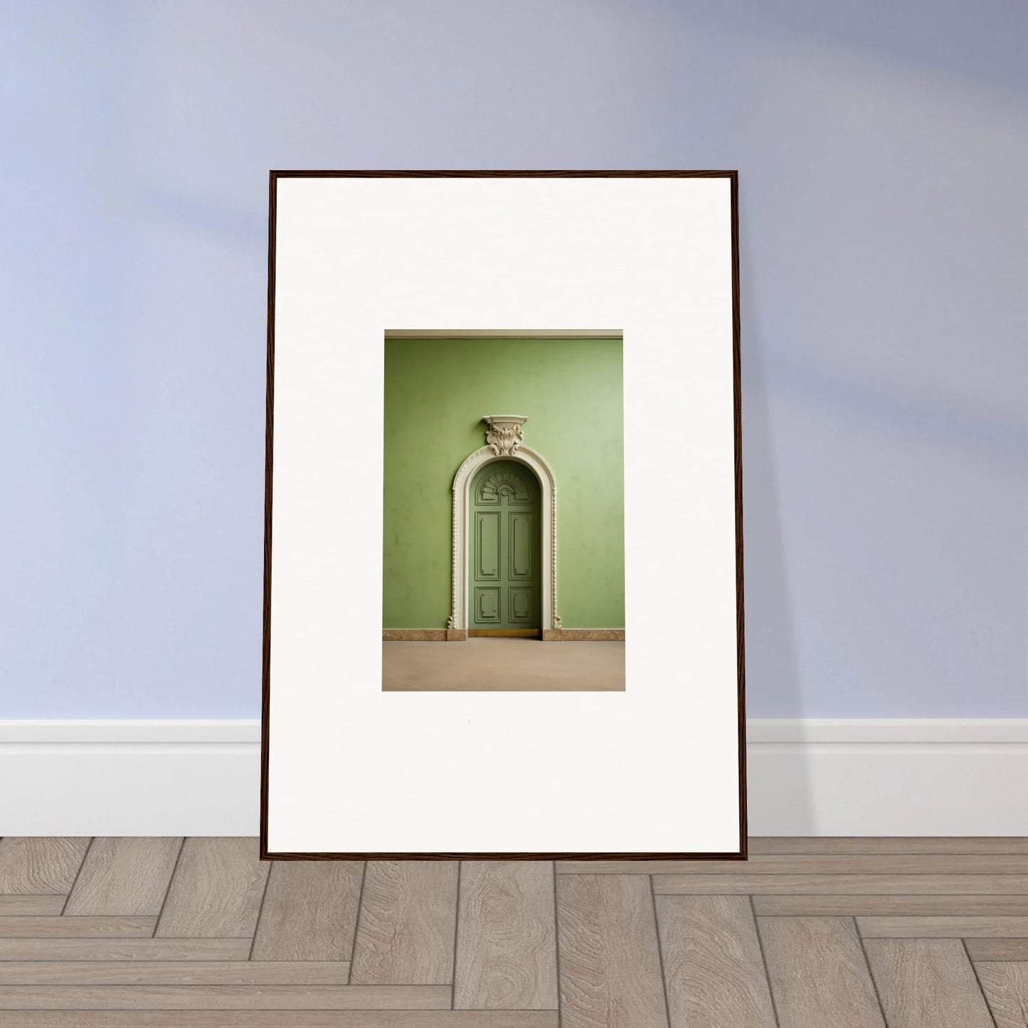 Framed wall art of a green arched doorway in the Verdant Illusion Sphere collection