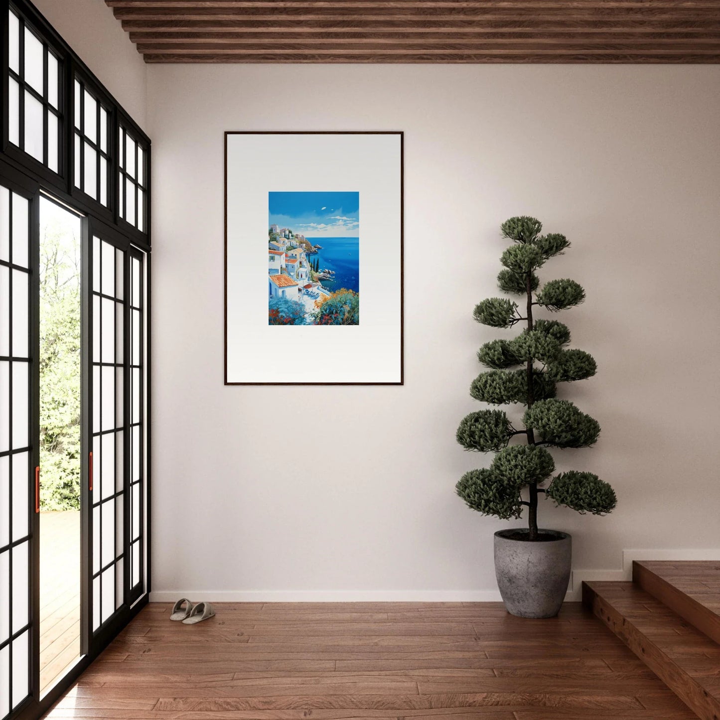 Framed Sunlit Dreamscape Promise featuring bright Mediterranean coast and water