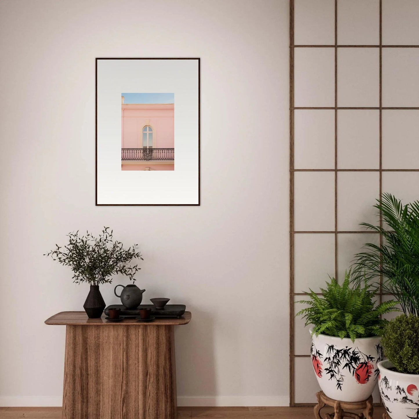 Framed wall art of a pink building in the Peach Tranquil Portal special edition art™