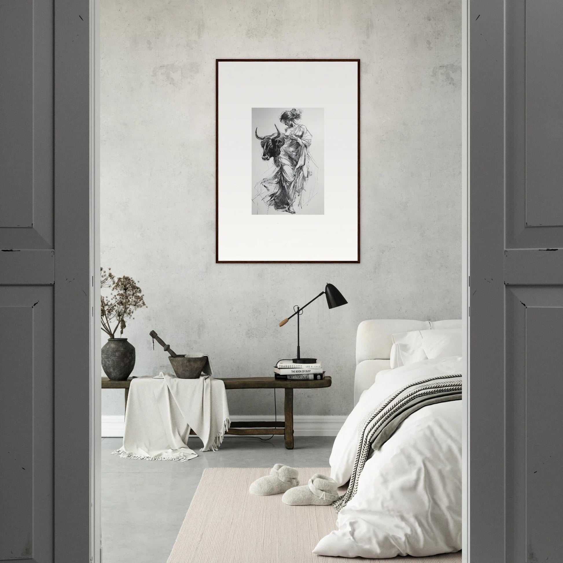 Monochromatic bedroom with minimalist decor and premium framed wall art from Reverie of Zephyr