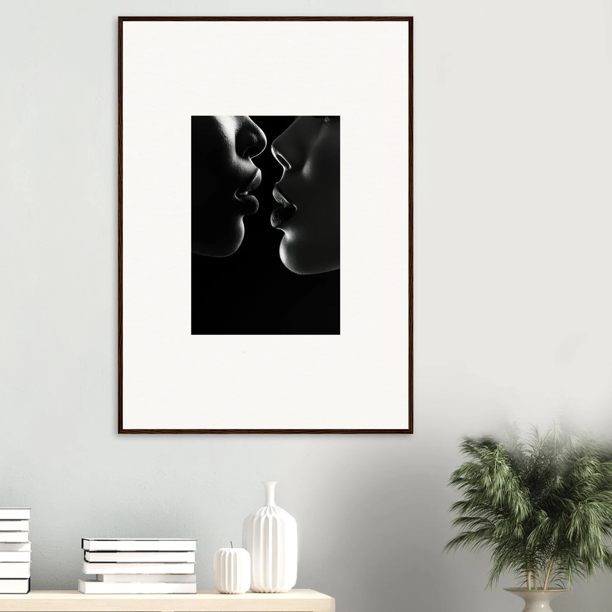 Framed wall art of two silhouettes about to kiss, Midnight Kiss Darkness special edition