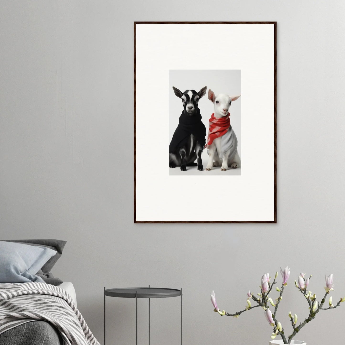 Framed wall art of black and white dogs in red bandanas, Rainbow Twin Dreams design