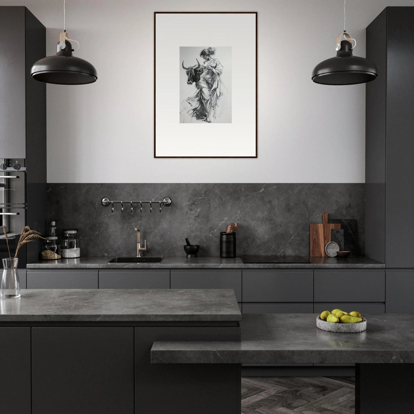 Modern monochromatic kitchen with dark countertops and industrial pendant lights in Reverie of Zephyr, special edition art™