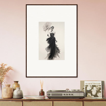 Framed black and white fashion illustration of an elegant figure in Opulent Reverie Lyrisans