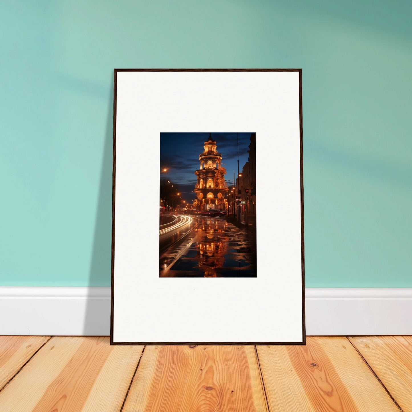 Framed wall art of a luminous clock tower at night reflected in wet pavement