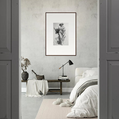 Monochromatic bedroom with minimalist decor and framed wall art featuring Splashing Gaze Melds