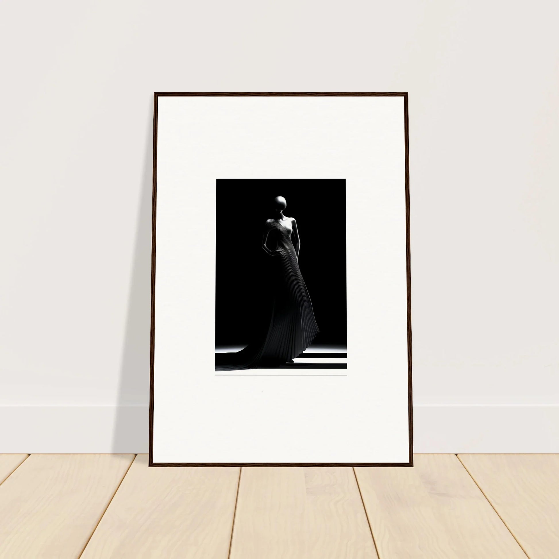 Framed black and white photo of a figure in an elegant dress for Echoes Velvet Mirage