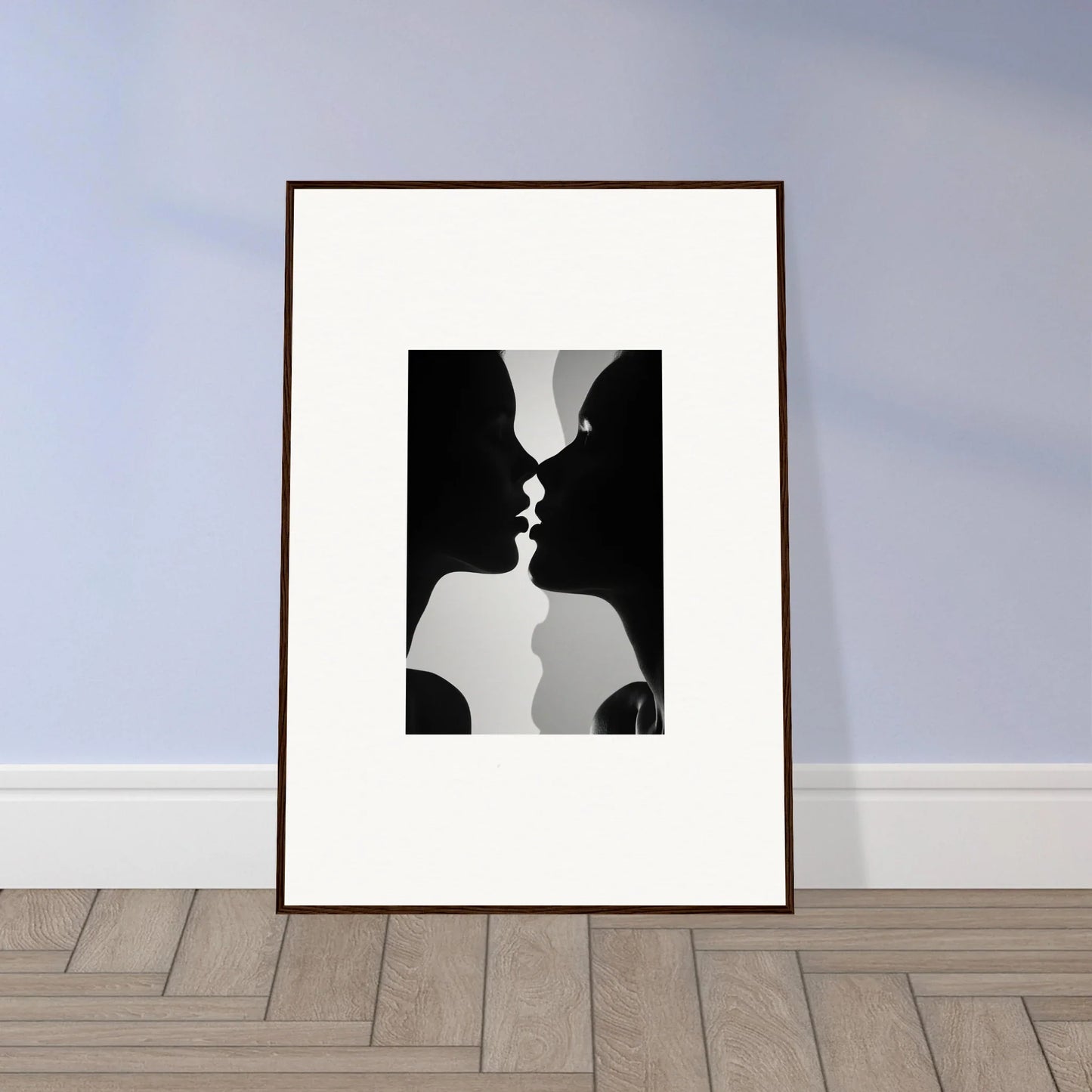 Framed wall art of silhouettes about to kiss in Nouveau Love Symphony special edition art