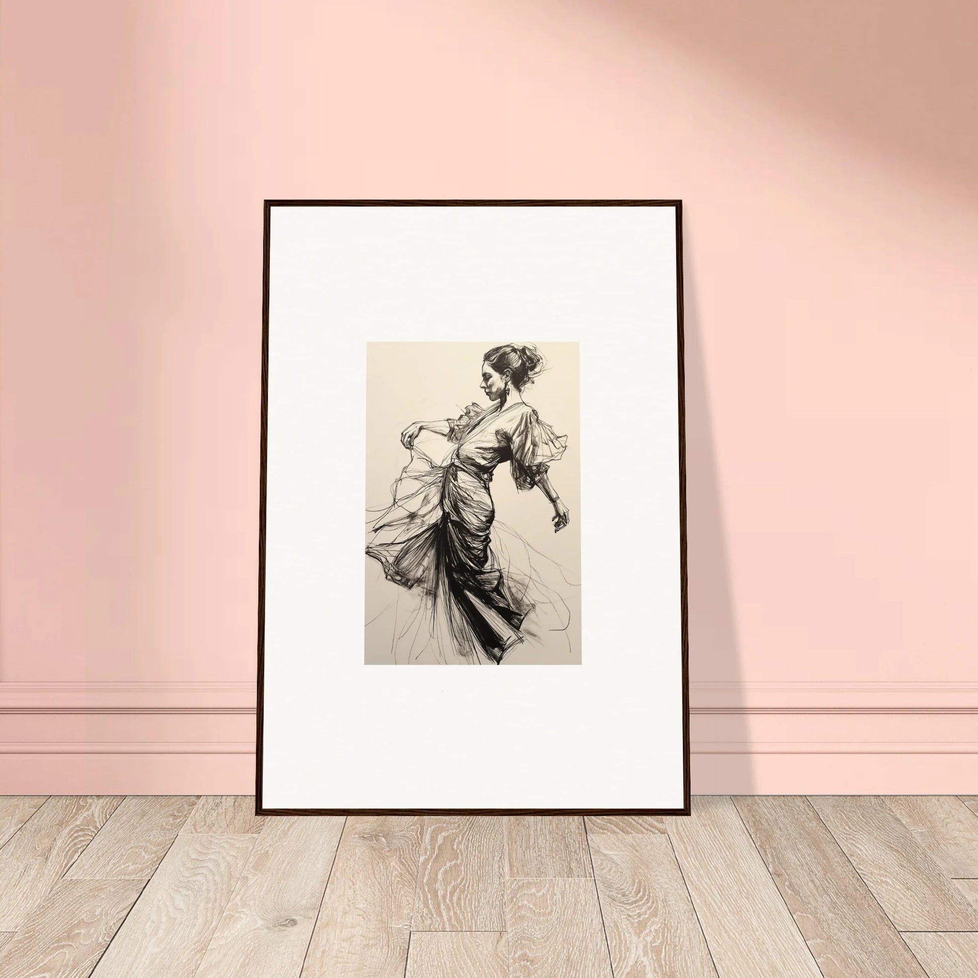 Framed black and white sketch of a Victorian woman dancing for Midnight Dance Whispers