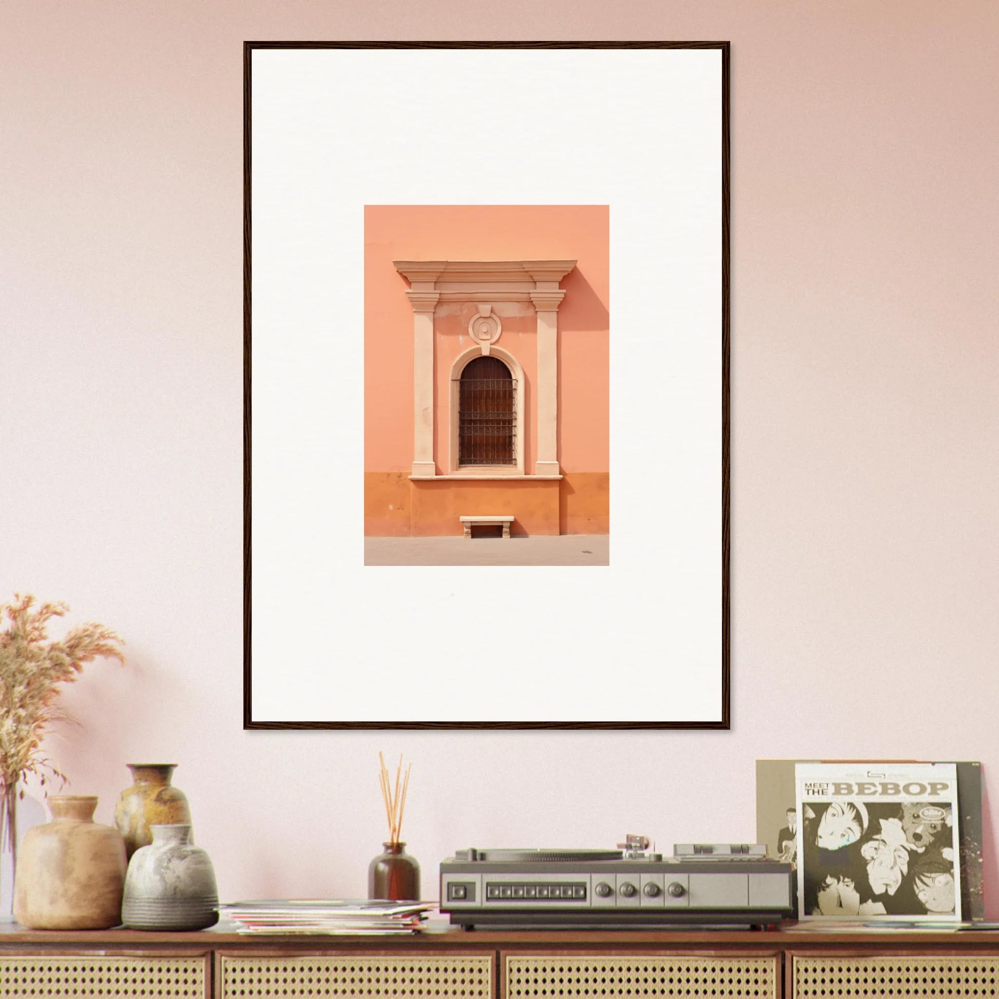 Framed wall art of Silent Sunset Oblique showcasing a classic window niche design