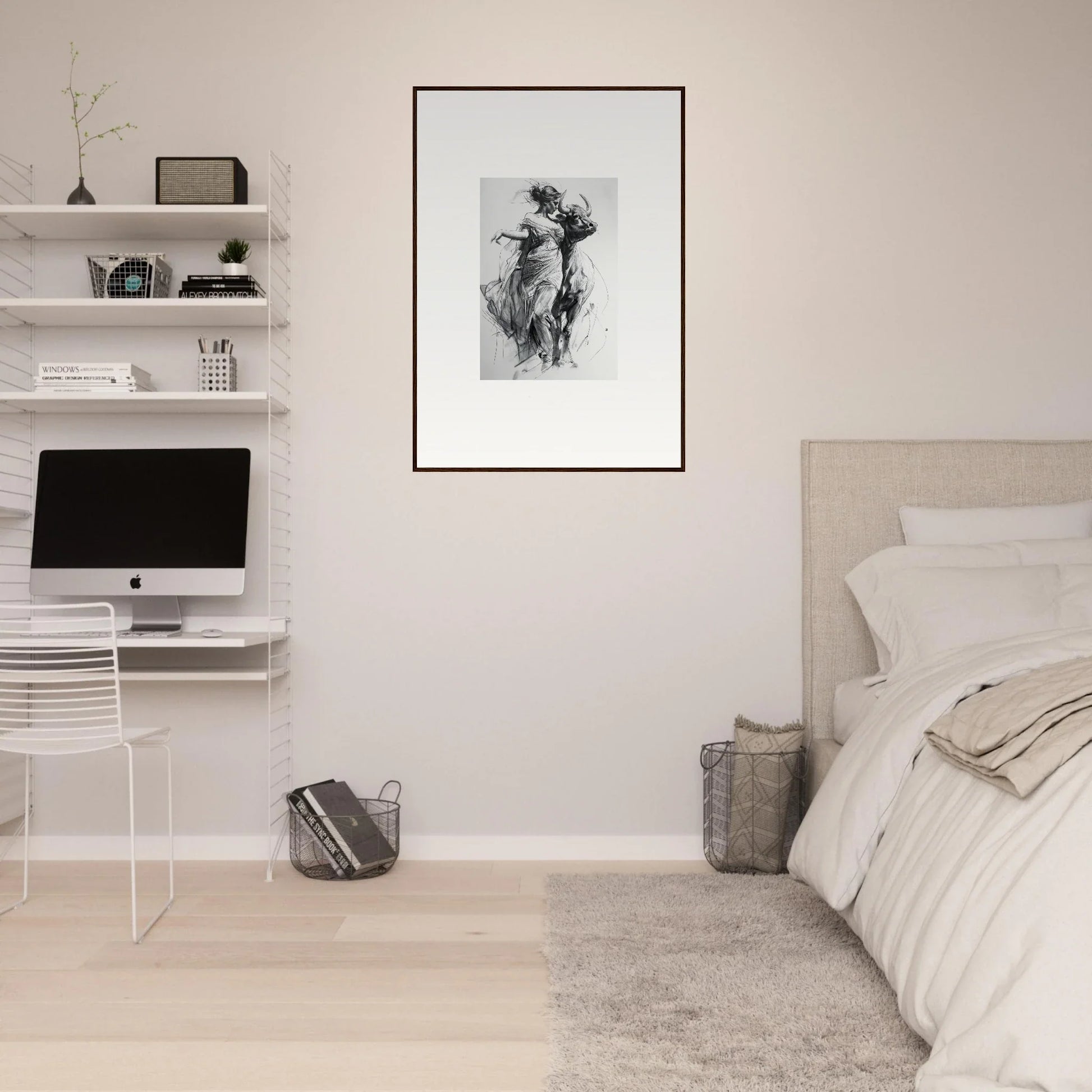 Minimalist bedroom featuring Metaphoric Taurus Whispers art on floating shelves