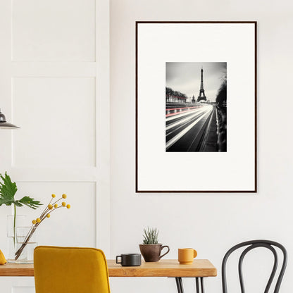 Framed black and white Eiffel Tower photo with light trails in Eternal Windsweep Halo art