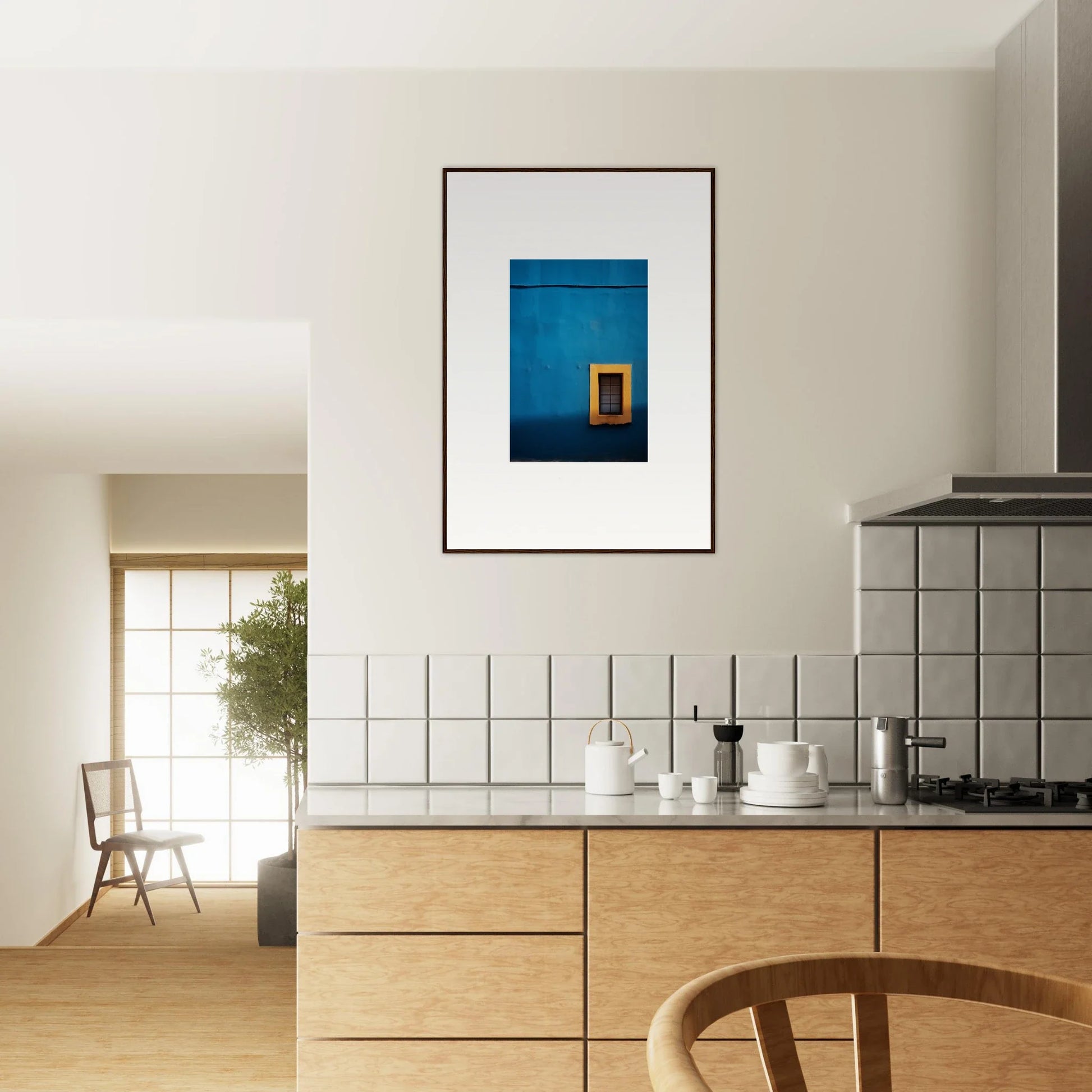 Framed blue artwork with yellow window in Hypercolor Dreamscape Longitude design