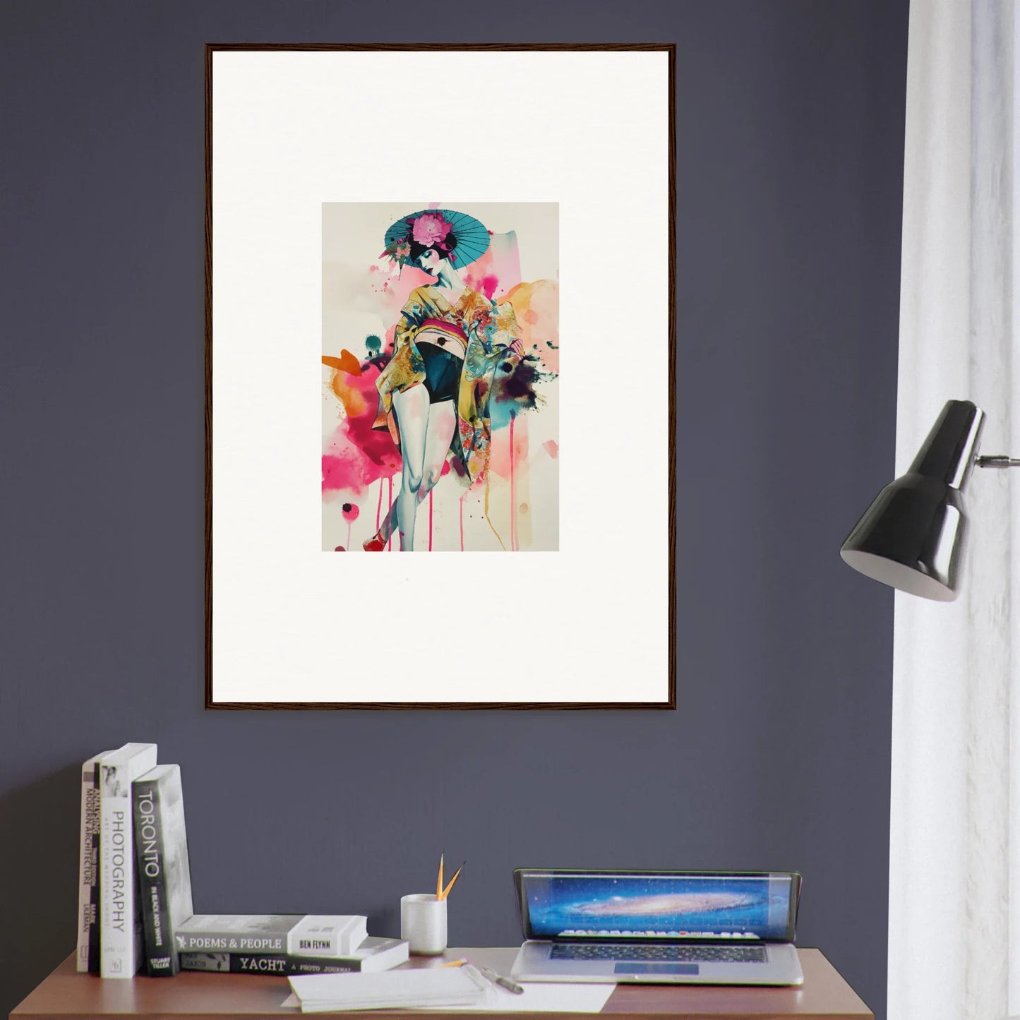 Colorful abstract figure painting in a white frame, perfect for room decoration or wall art