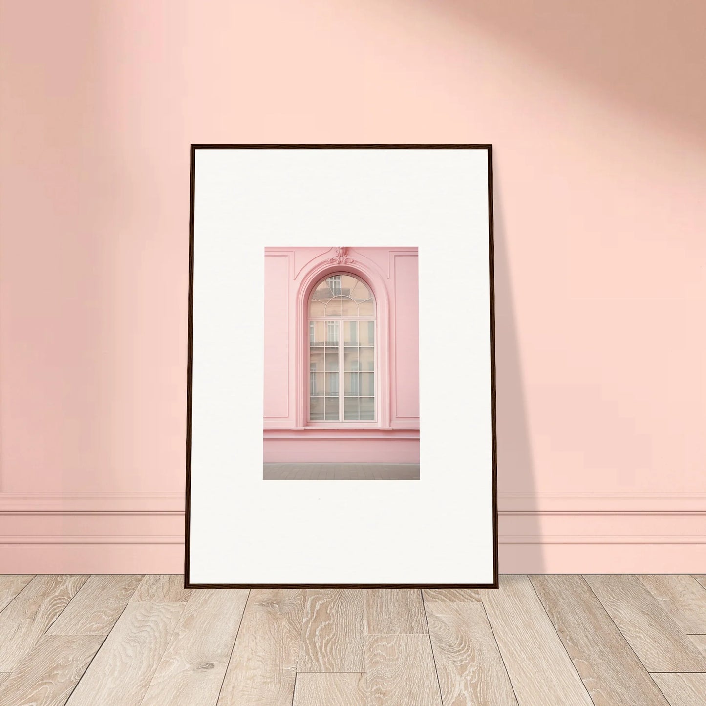 Framed Pink Sonata Vibrations art print of a pink arched window with white trim