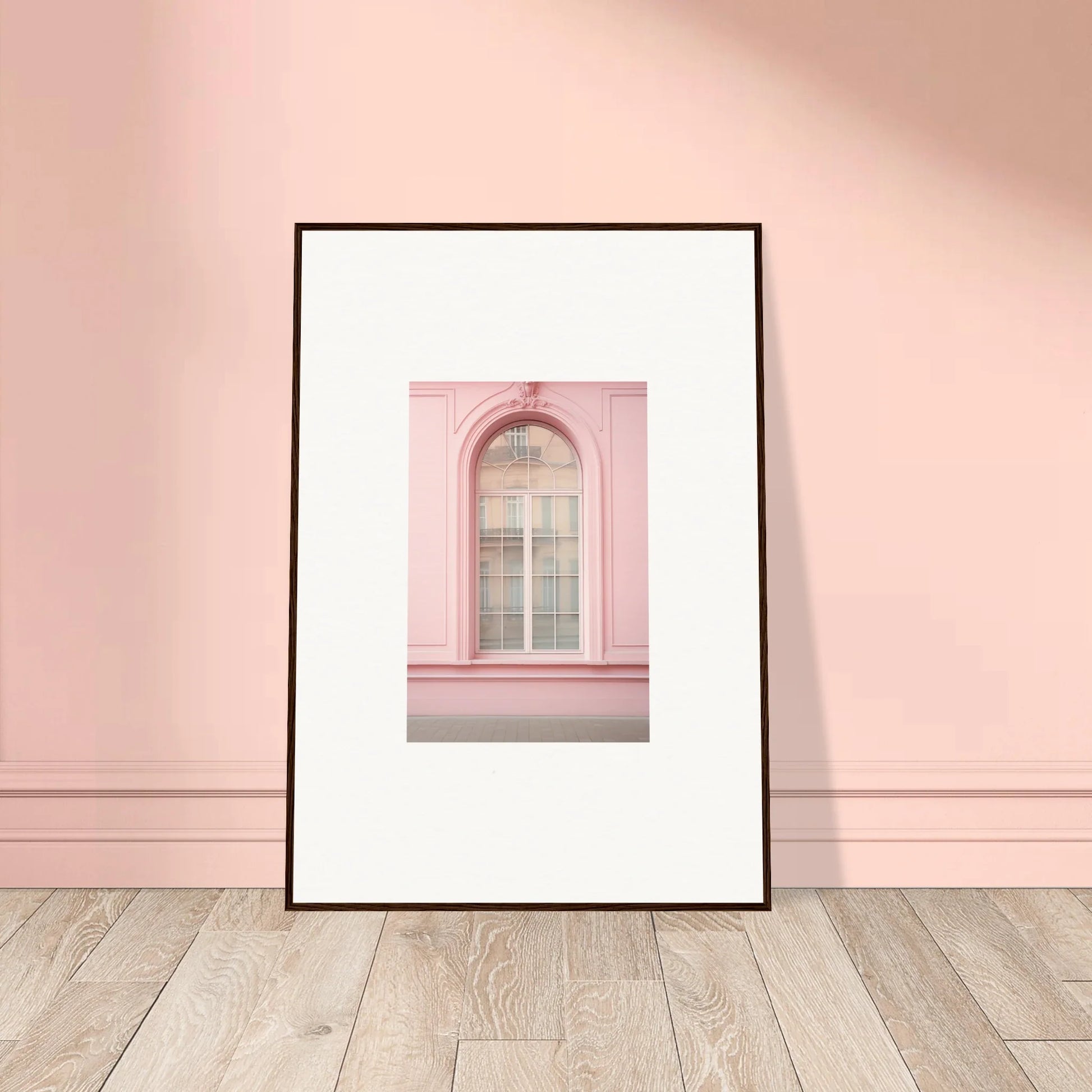 Framed Pink Sonata Vibrations art print of a pink arched window with white trim