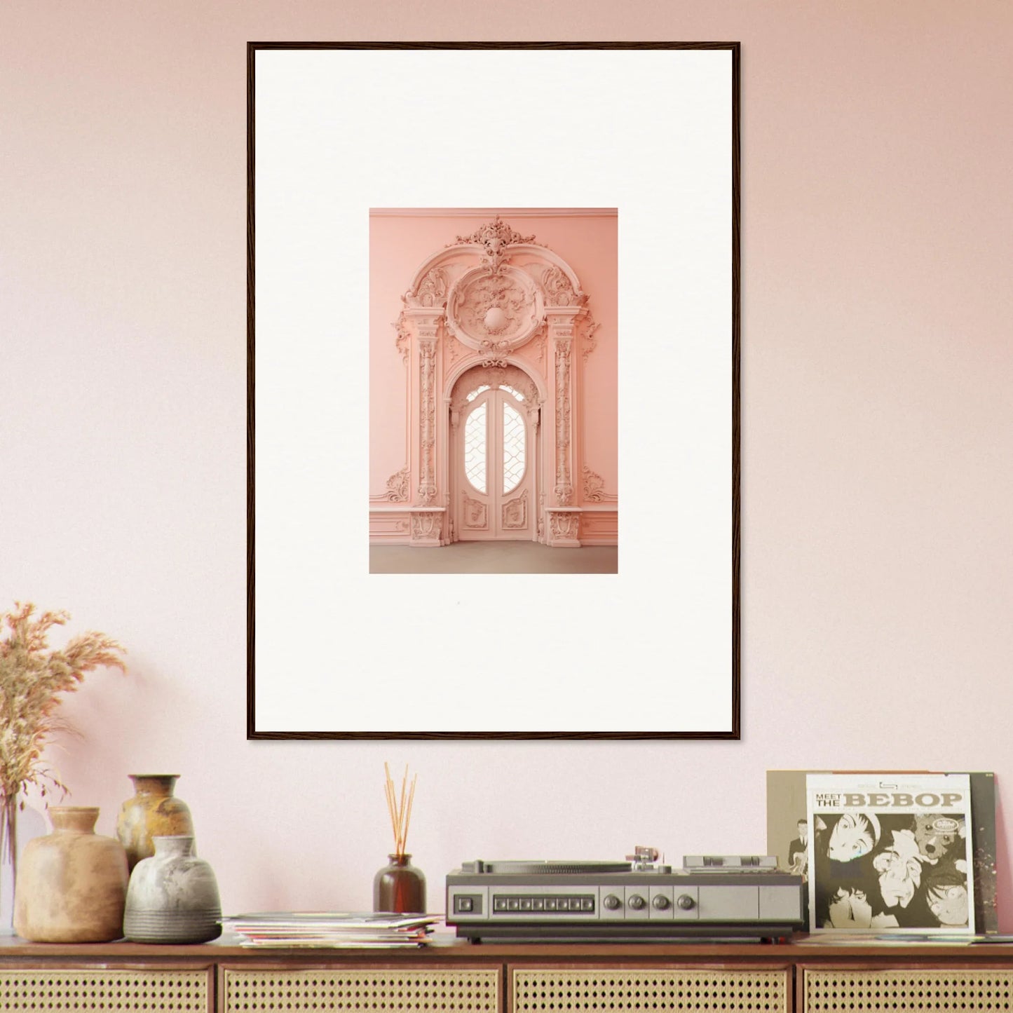 Framed wall art of Ether Pendantia Portal with ornate baroque doorway in pink tones