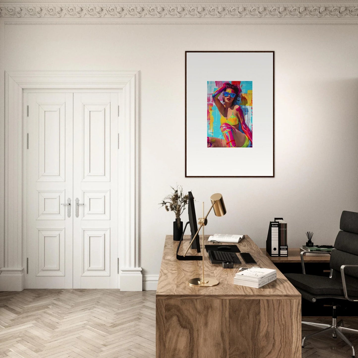 Stylish home office with wooden desk, modern chair, and colorful wall art for room decoration