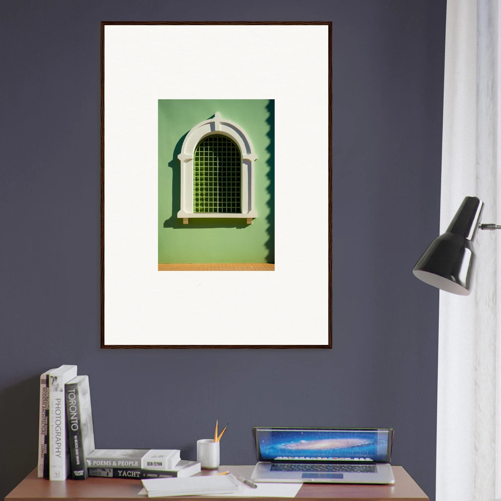 Framed Visible Equilibrium Window art print with an arched window on a green wall