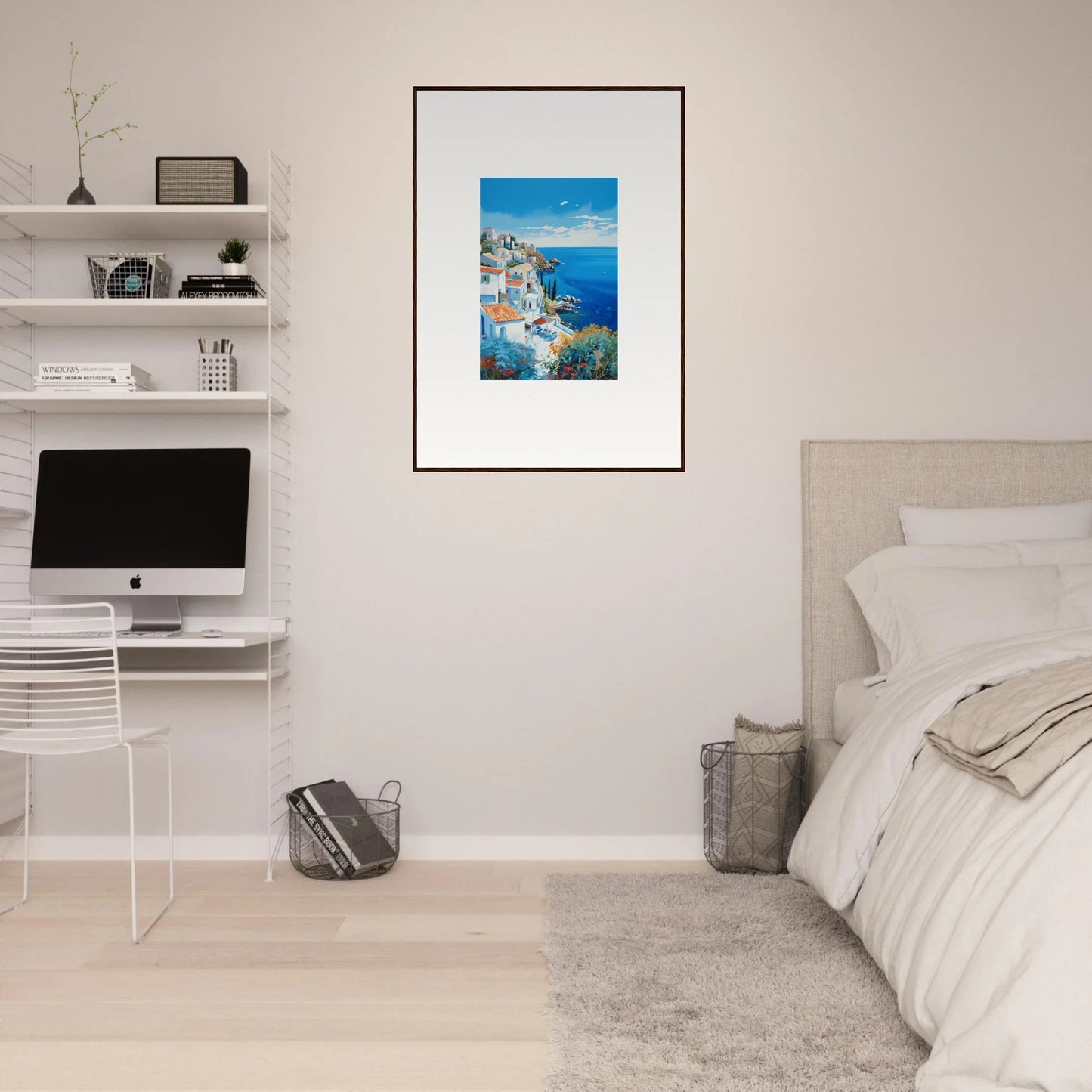 Framed photograph of Santorini’s blue-domed churches in the Sunlit Dreamscape Promise