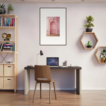 Modern home office desk with wooden chair and tablet, perfect for Gentle Whims Myths fans