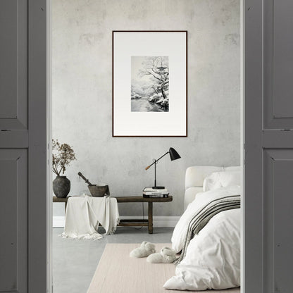 Stylish monochromatic bedroom featuring Timeless Snow Fables framed wall art