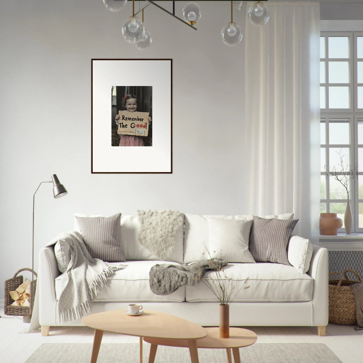 Cozy white sofa with gray and cream pillows in Smiles Forlornly Singing art setting