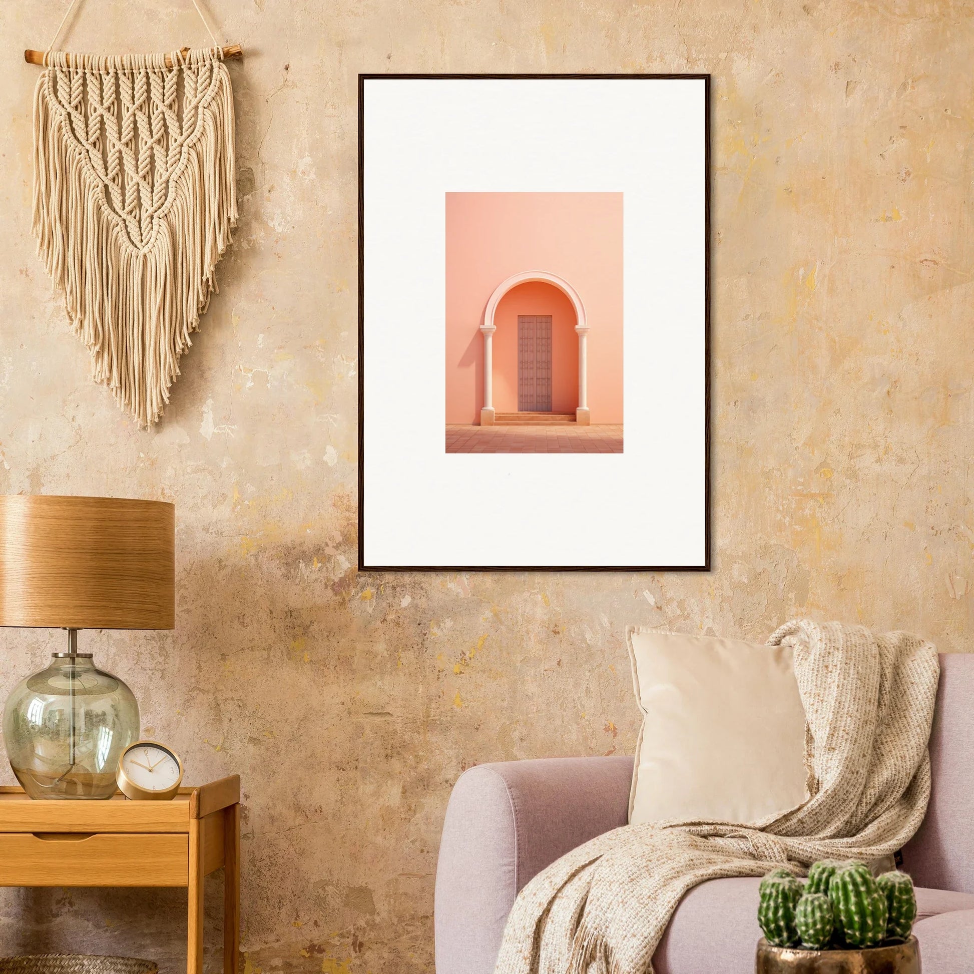 Framed Psychedelic Arches Discussionale art print of pink archway on coral wall