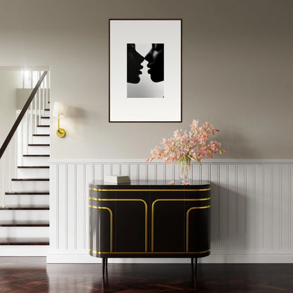 Stylish black credenza with gold trim perfect for featuring Narcissus Mirror Haze art