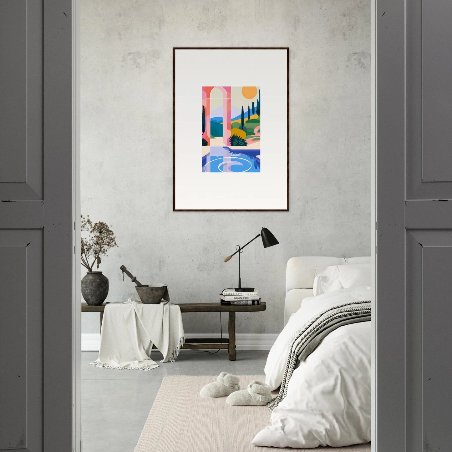 Framed abstract wall art with colorful geometric shapes for stylish room decoration