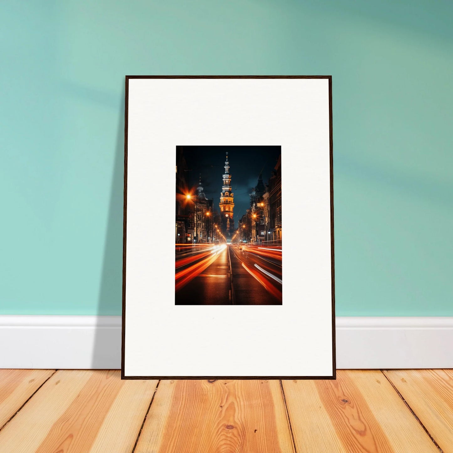 Framed photo of city street at night with light trails from Umbra Urban Nocturne