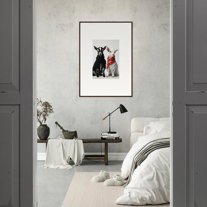 Framed wall art of a black and gray dog in red scarves, part of Rainbow Twin Dreams