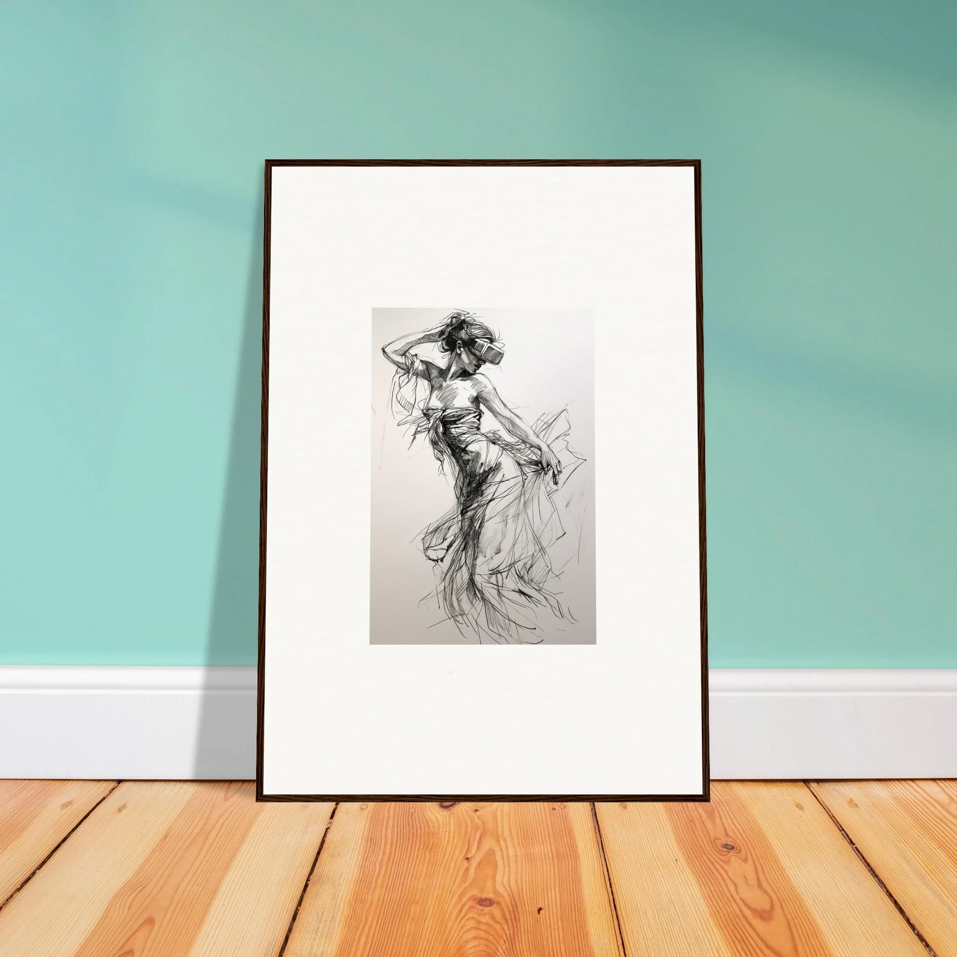 Framed black and white sketch of a dancing figure from Mystic Quantum Soliloquy art™