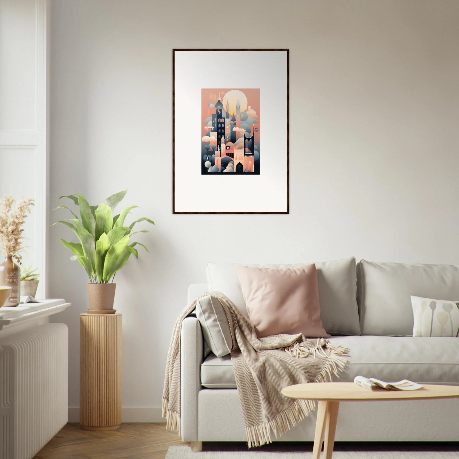 Framed art print of Ephemeral Castle Whispers with a pink-blue cityscape and moon