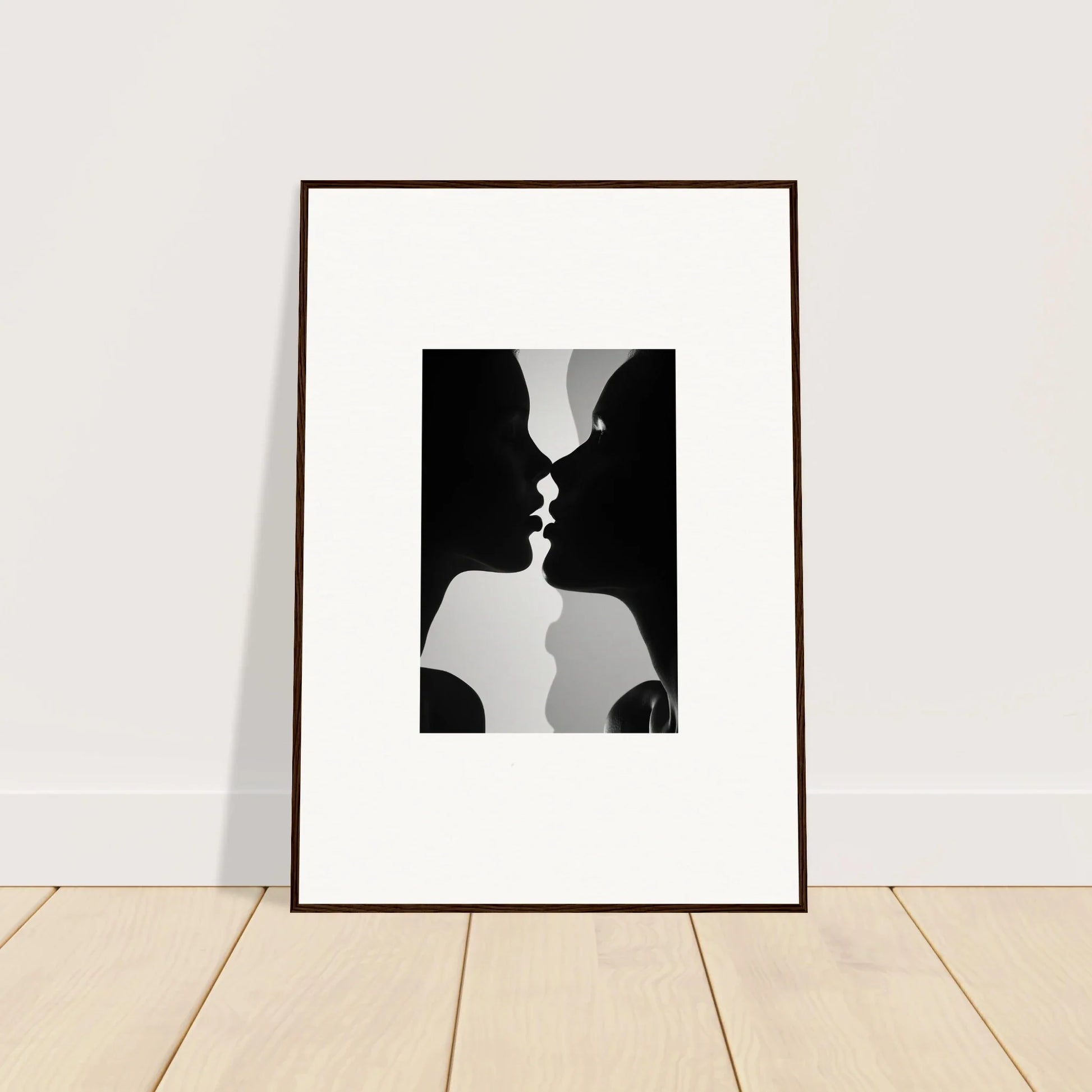 Framed wall art of Nouveau Love Symphony, black and white silhouette of two profiles kissing