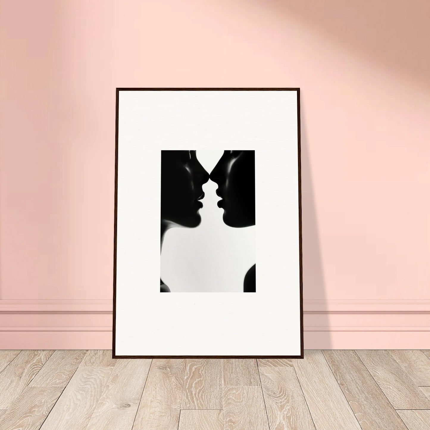 Black and white framed art print of silhouetted profiles in Whispers Shadowdance Serenaa