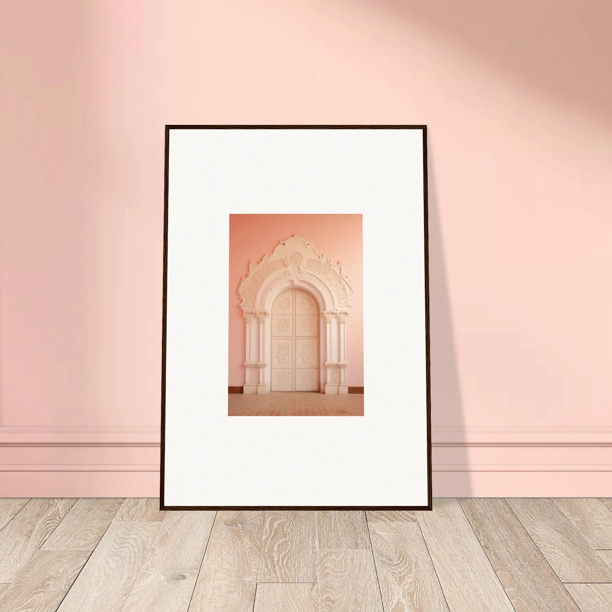 Framed wall art of ornate archway in peachy pink from Patio Reverie Sleutelenv