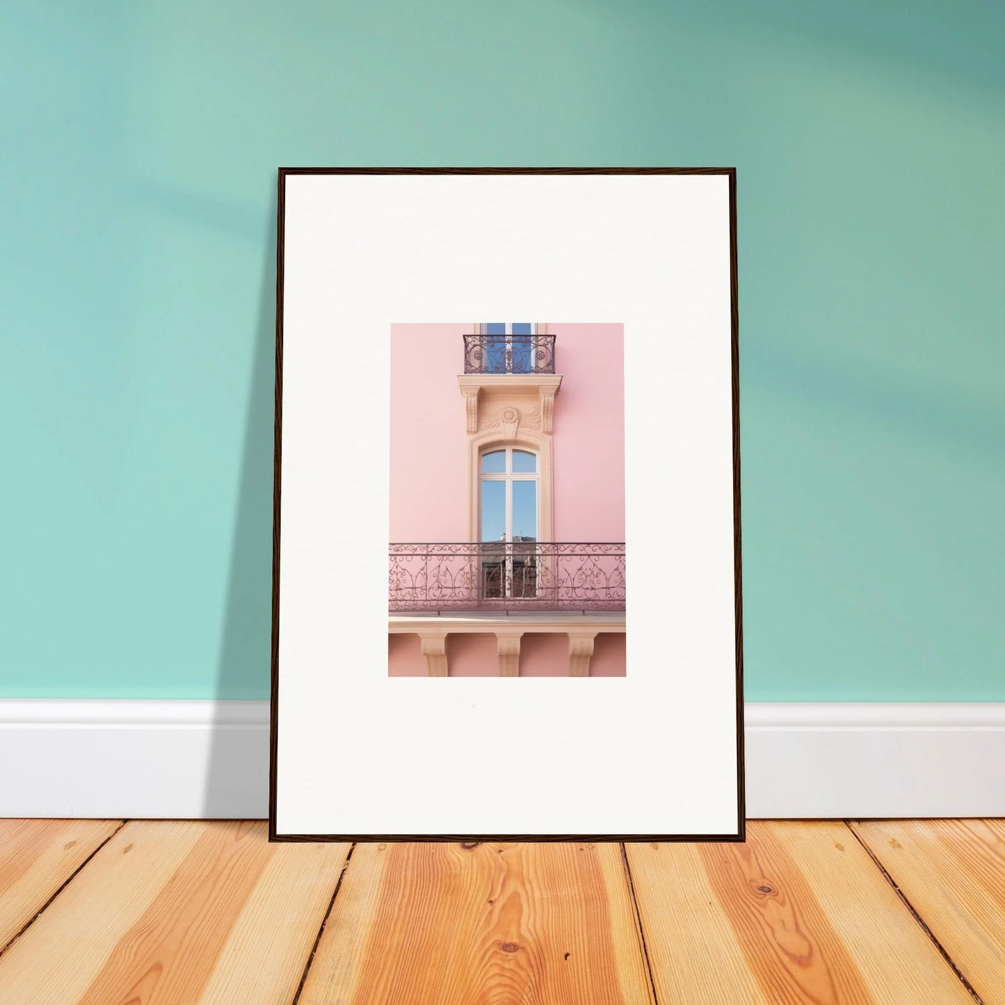 Framed wall art of a pink building balcony, showcasing the Dusky Dream Balustrade