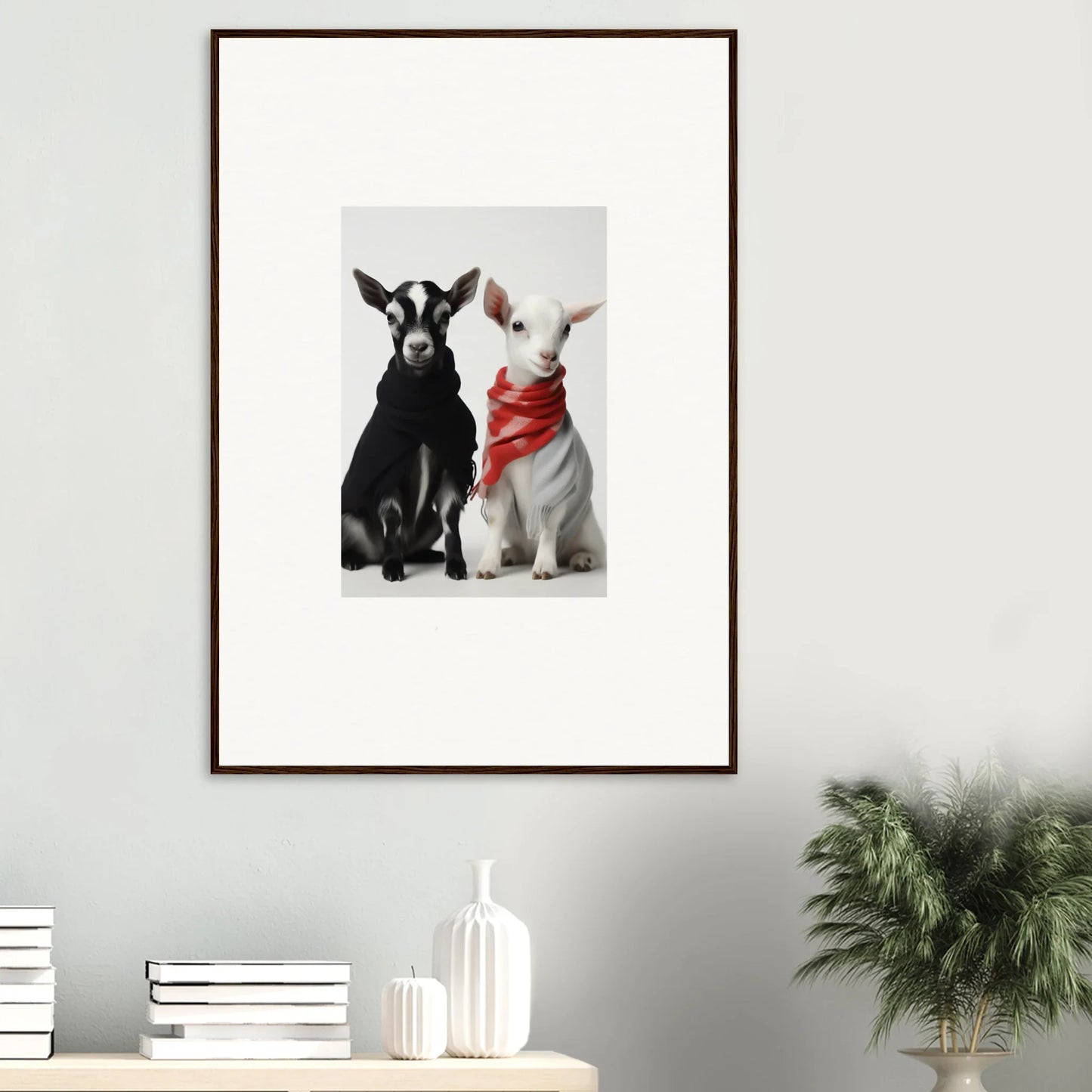 Framed wall art print of black and white rabbits in Rainbow Twin Dreams design