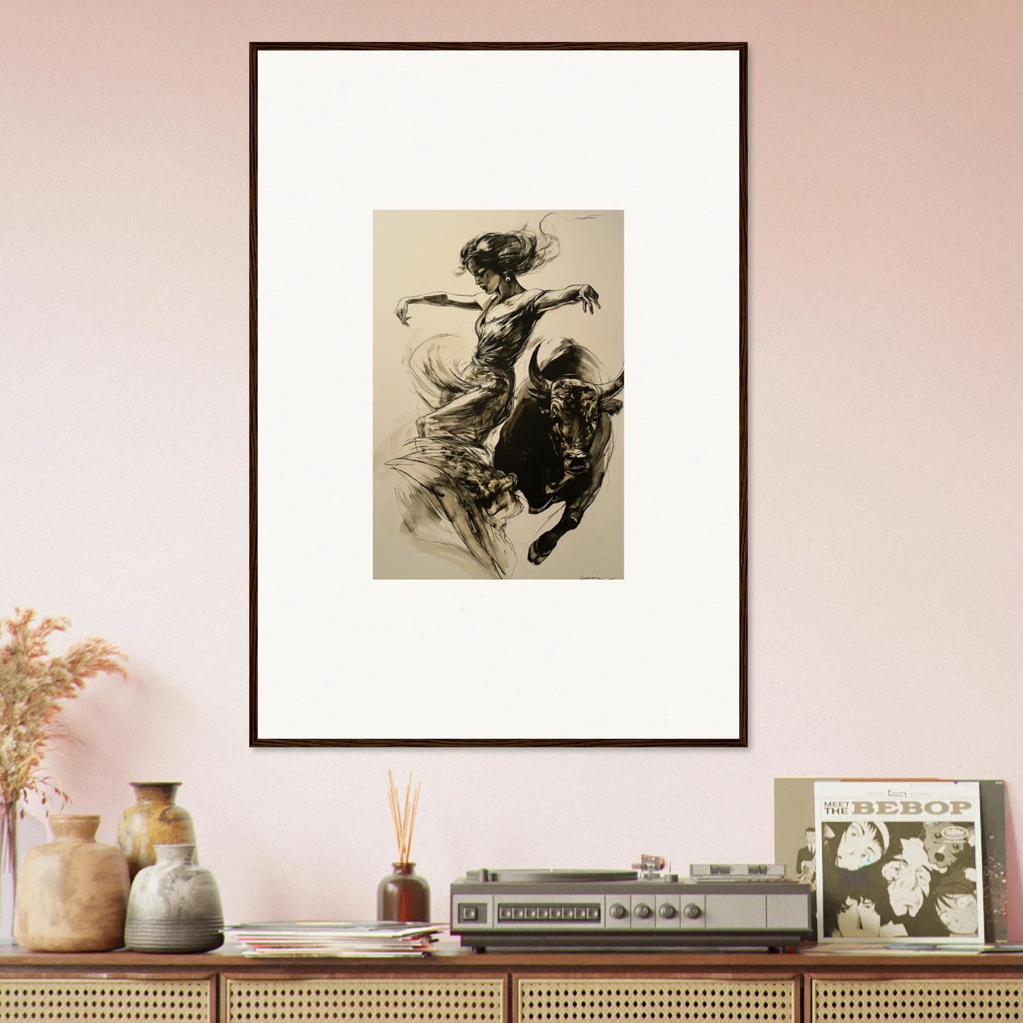 Framed black and white sketch of a dancer in motion from the Resilient Dancer Flame art