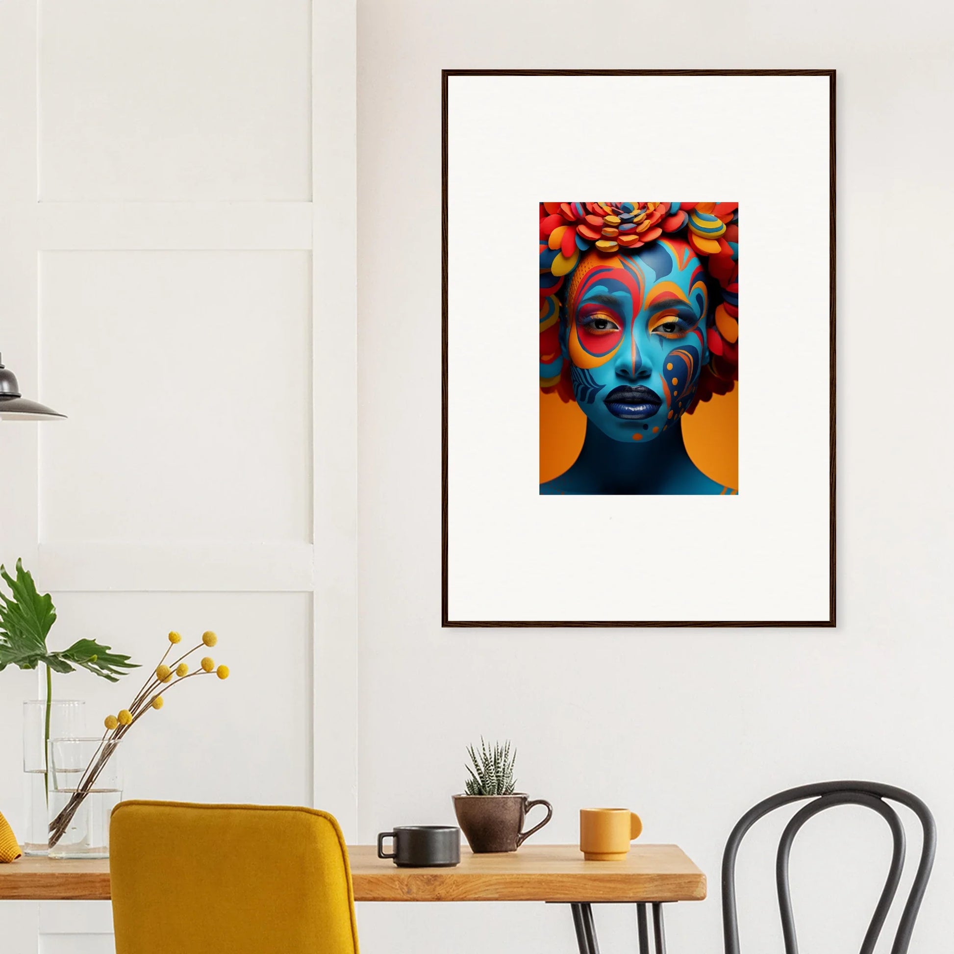 Framed canvas print of vibrant blue-skinned face for unique room decoration wall art