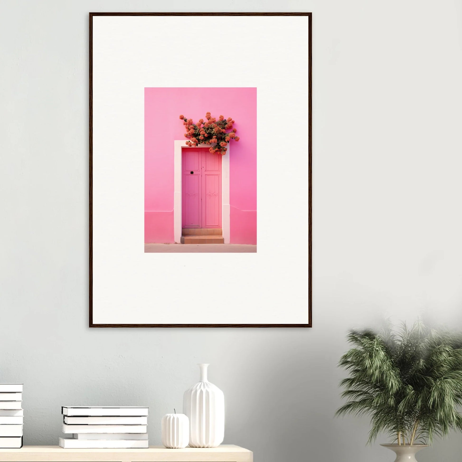 Pink door adorned with red flowers in Quantum Pink Serenade framed wall art