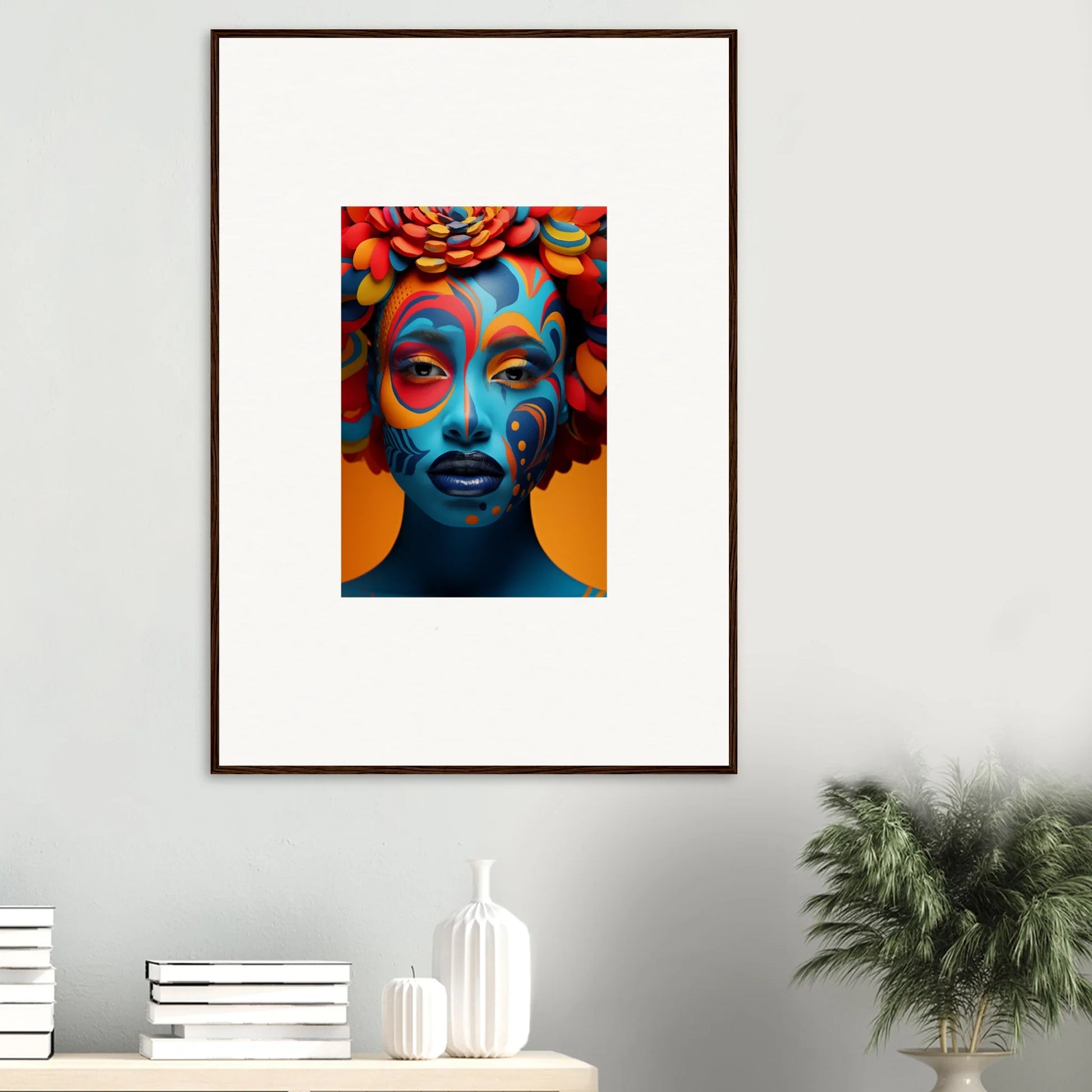 Vibrant wall art of a colorful portrait with face paint for trendy room decoration