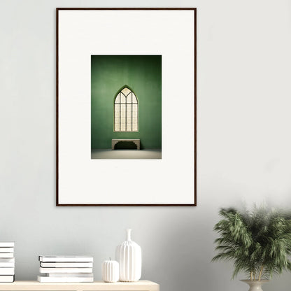 Framed artwork of gothic church window on bench, perfect for Evermind Greenthaum fans