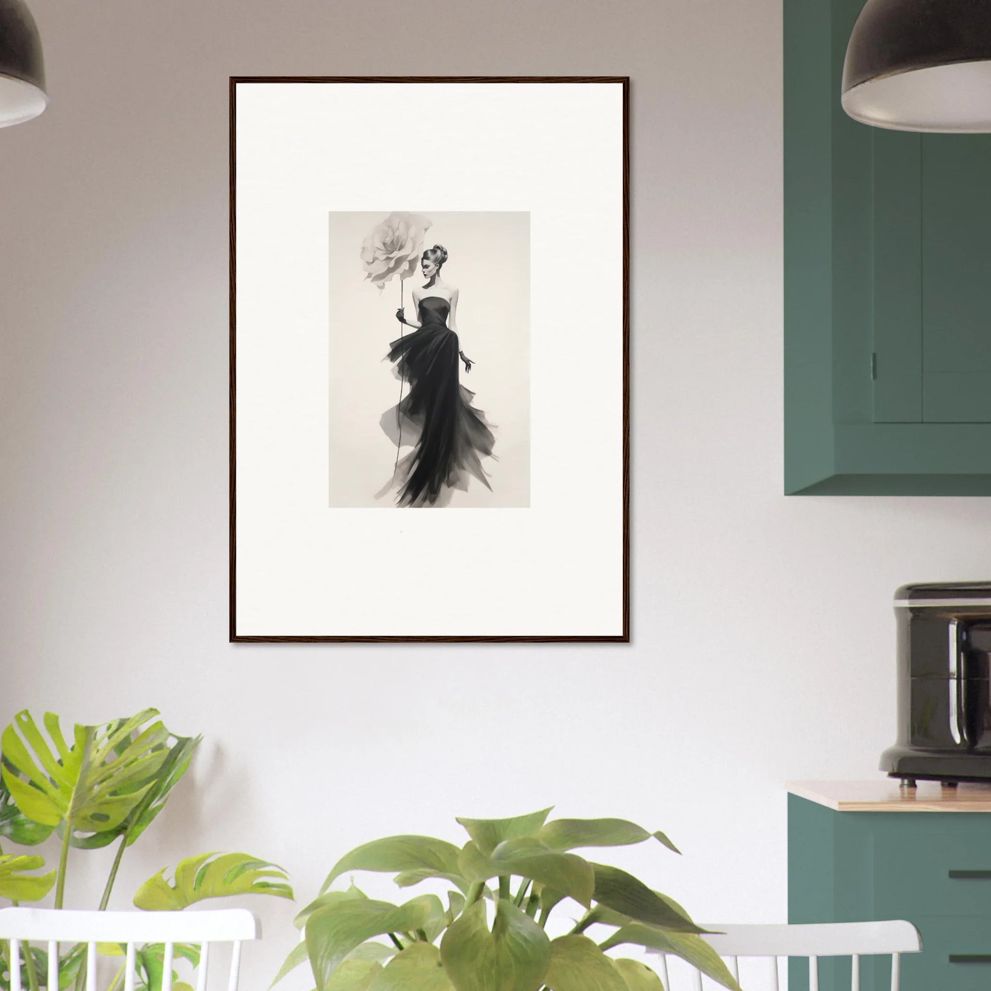 Framed black and white fashion illustration of a figure in a flowing dress for Opulent Reverie Lyrisans