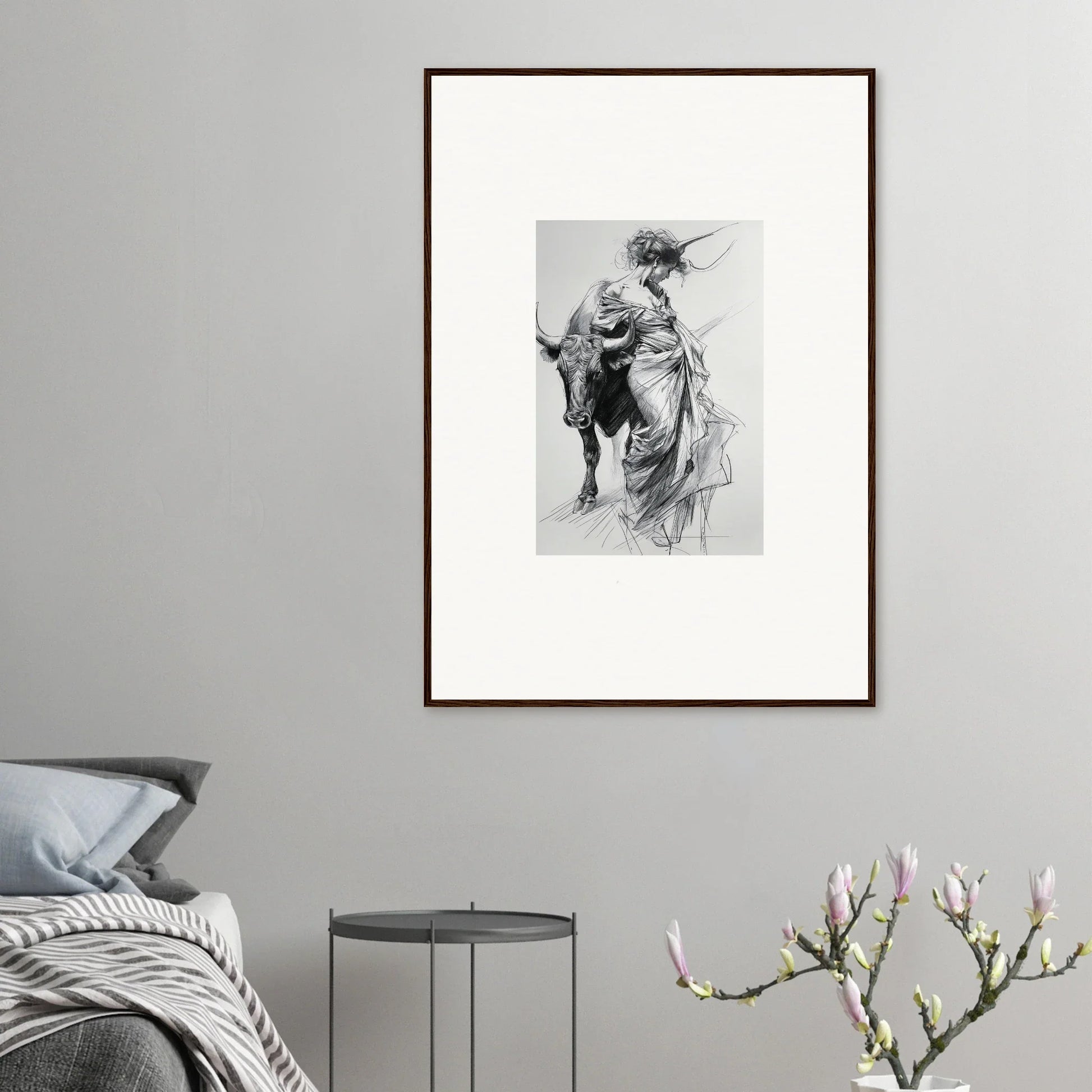 Framed black and white sketch of a rider on a bull from Minotaur’s Melodic Siesta