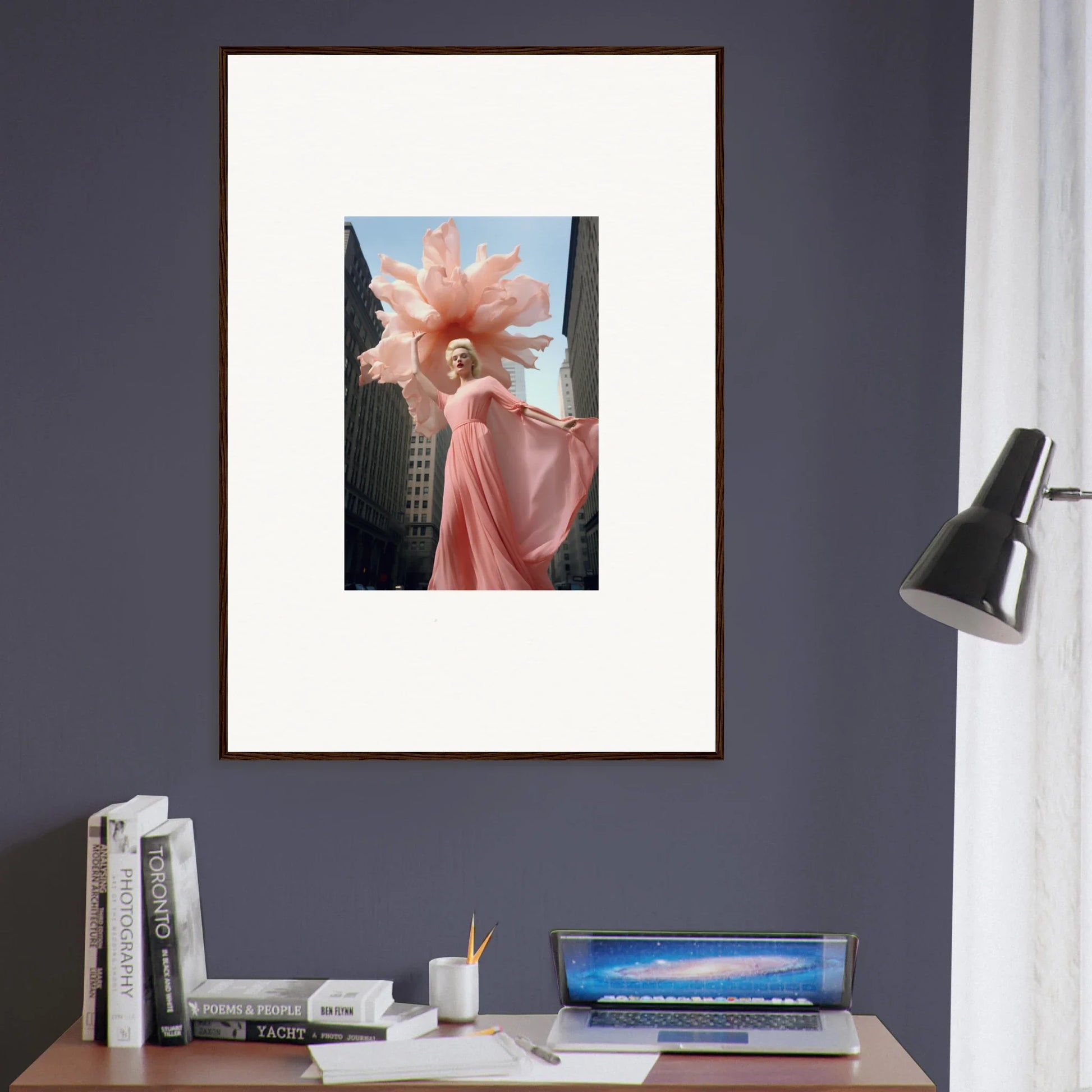 Framed poster of Sensational Blossom Mirage with a figure in a pink dress and flower form