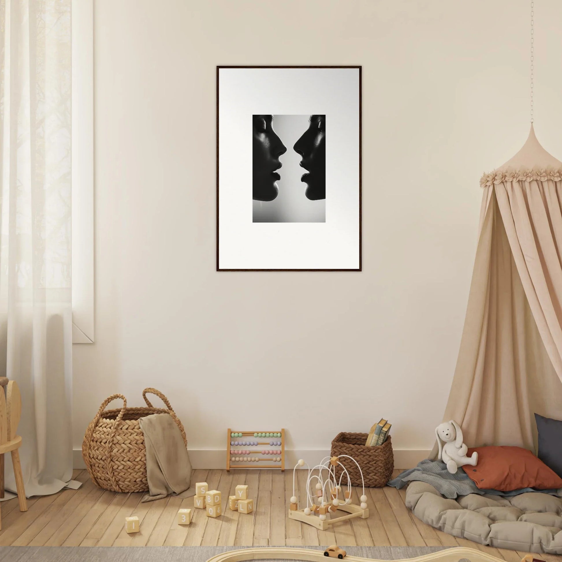 Black and white silhouette art print Echo’s Embrace in premium framed wall decor