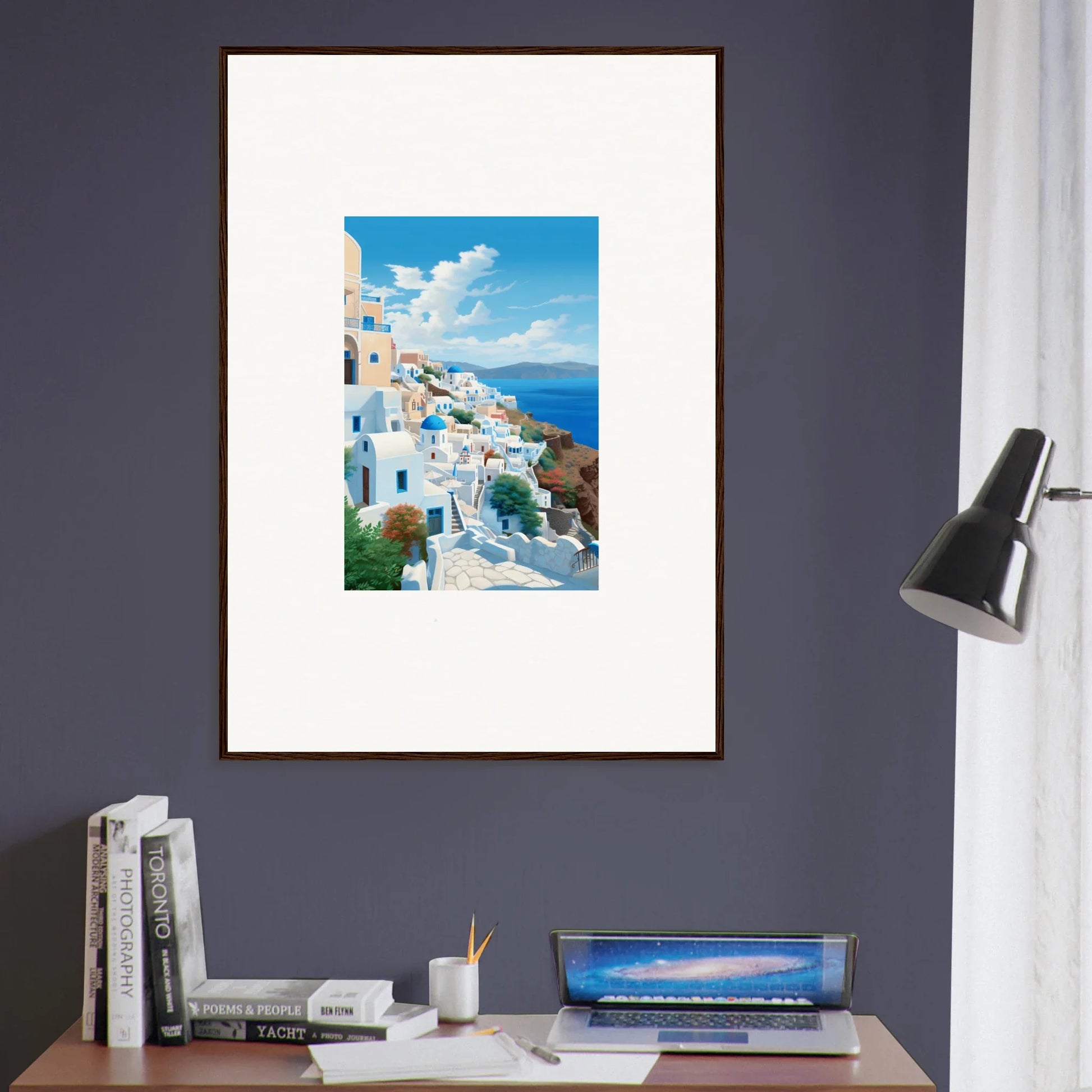 Framed Santorini art from Sunday Stahl brings Mediterranean vibes to your space